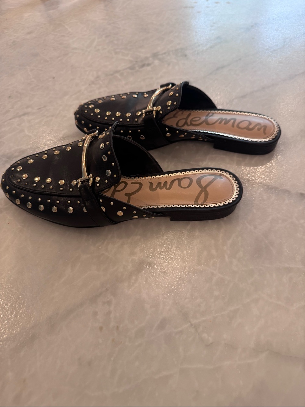 Sam Edelman Black Studded Slip-On Mules with Gold Buckle